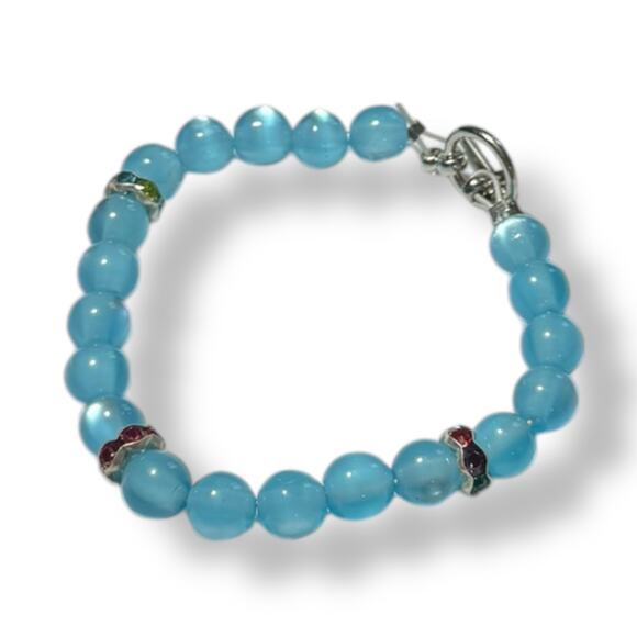 Handmade Blue Tiger Eye & Green Red Crystal Bracelet 7.75" - Picture 6 of 7